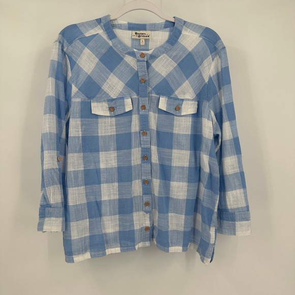 Hester & Orchard Tops - Womens Cottagecore Gingham Top Size XL Cotton Picnic Farmhouse Minimalist Blue‎